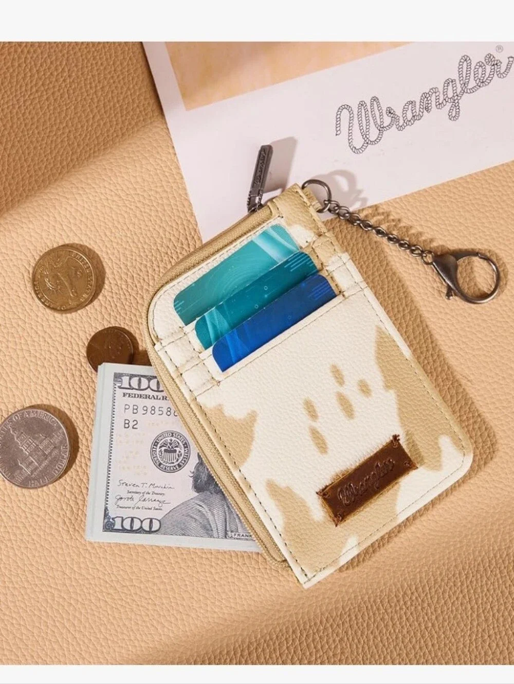Wrangler CowPrint Zip Card‎ Wallet with Keychain
